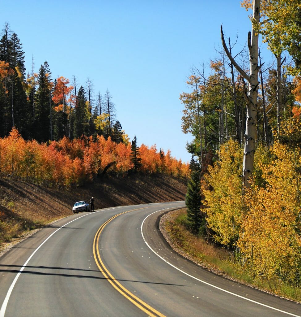 A winding road surrounded by vibrant autumn trees with a parked car and a person standing nearby.
